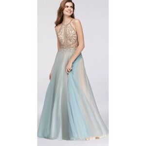 Glamour High Neck Crystal Beaded Halter Gown Tulle Skirt Prom‎ Pageant Blue Sz 8